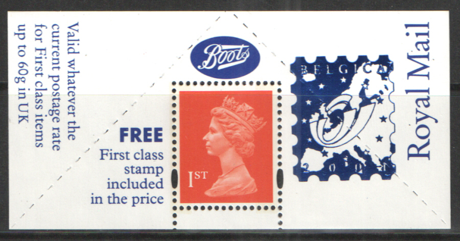 (image for) "Belgica 2001" overprinted Boots 1st Class Stamp & Label